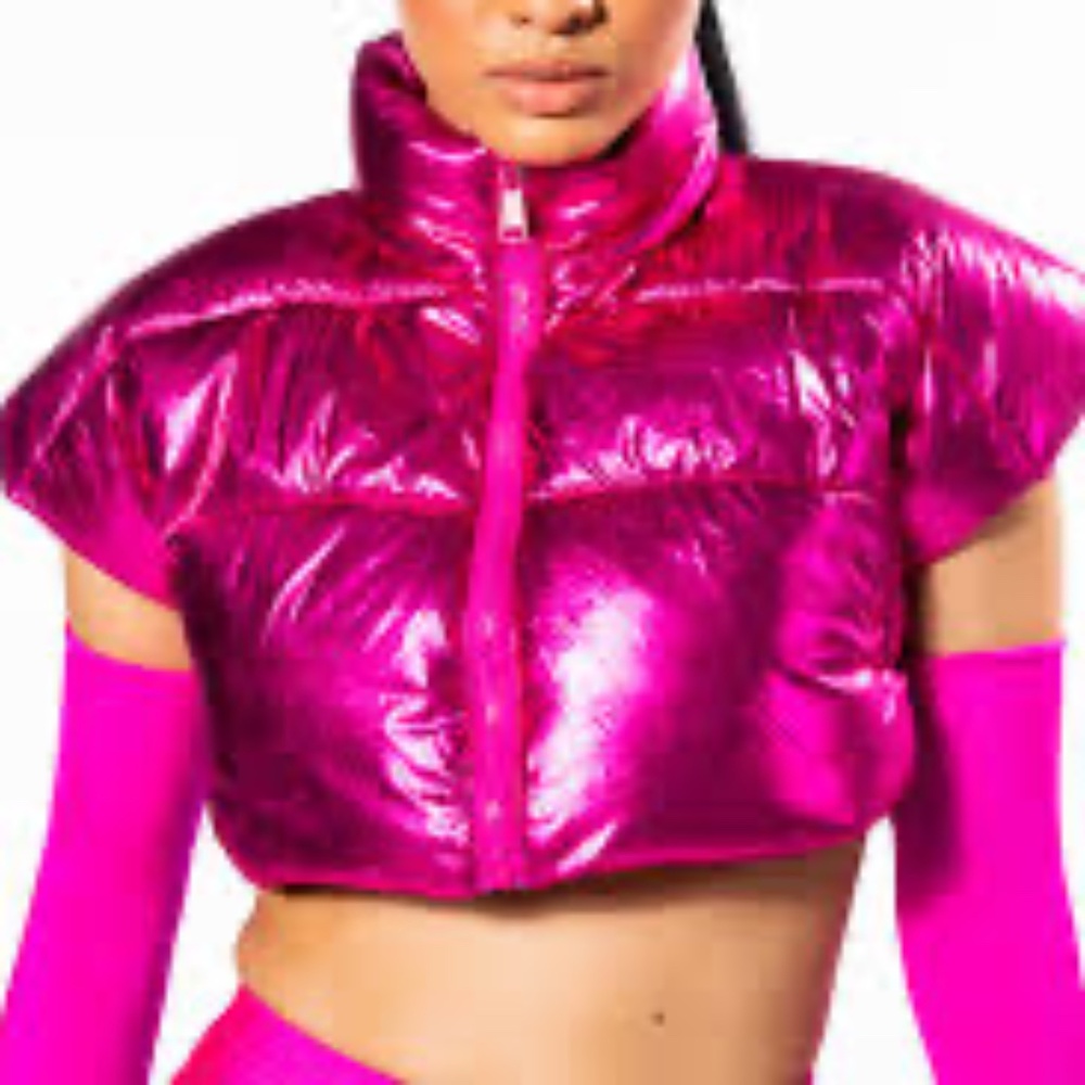 Azalea Wang Ping Metallic Zip Up Crop Puffer Top Size XL